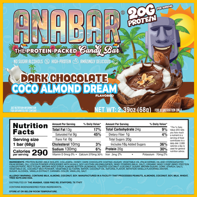 Colorful image of The Anabar Coco Almond Dream protein bar wrapper. Features almond butter, 20g protein, no sugar alcohols, nutrition facts, and an illustrated Easter Island statue with chocolate and coconut.