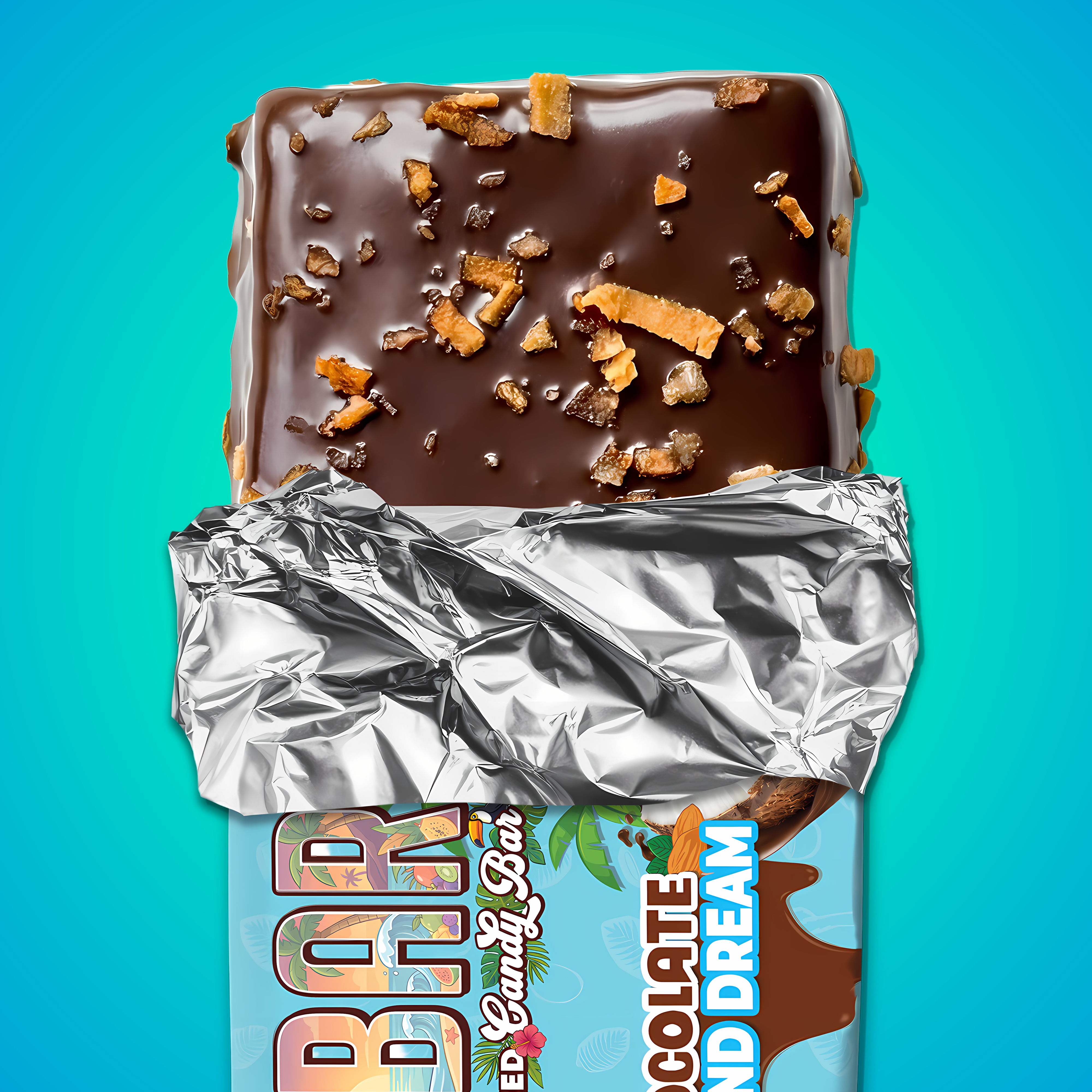 A partially unwrapped dark chocolate protein bar with caramel bits rests on shiny silver foil against a bright blue background. The wrapper reads "Coco Almond Dream" by The Anabar.