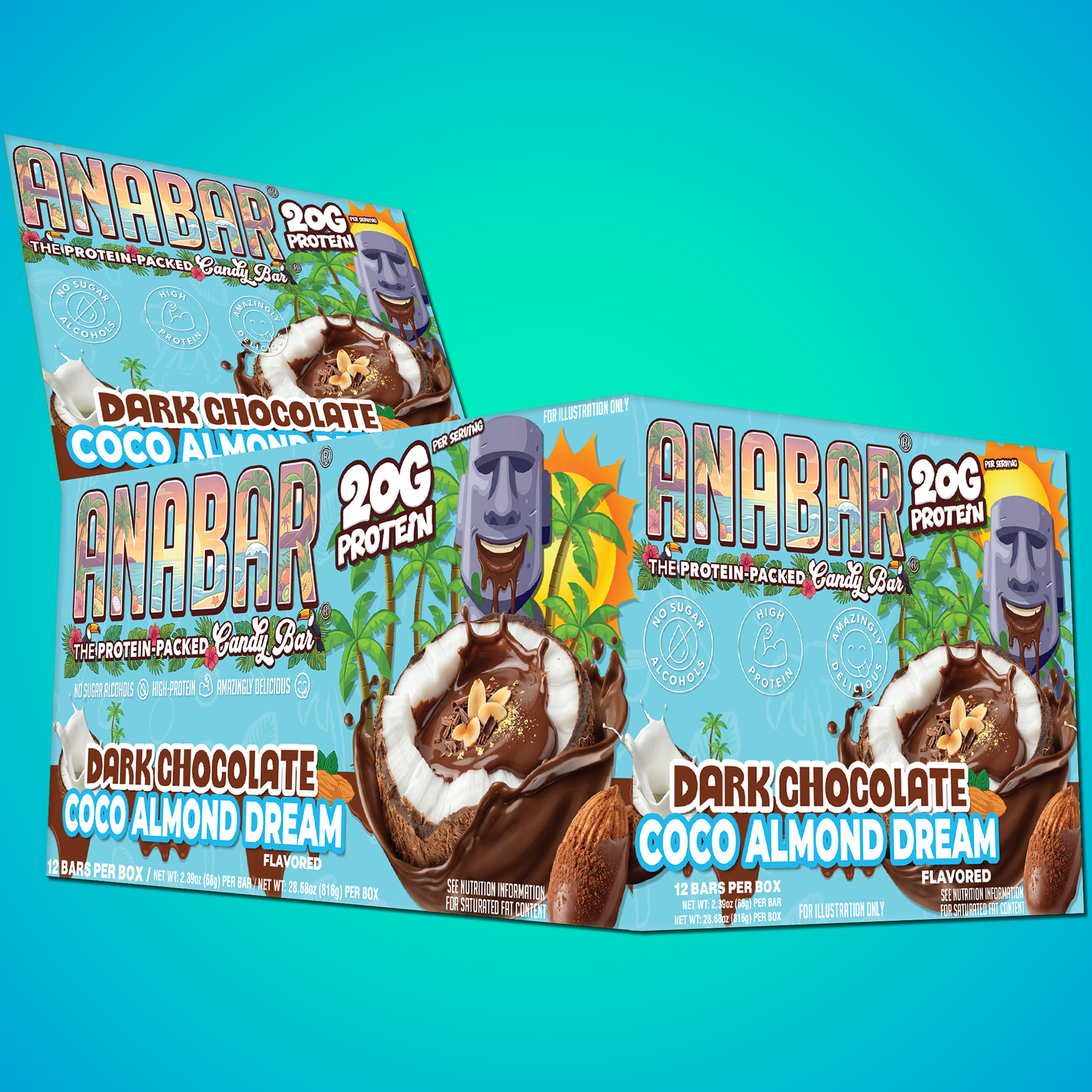 Boxes of The Anabar Coco Almond Dream protein bars, featuring palm trees, coconuts, chocolate, and a smiling statue on the packaging, are displayed against a blue background. Each bar contains 20g of protein.