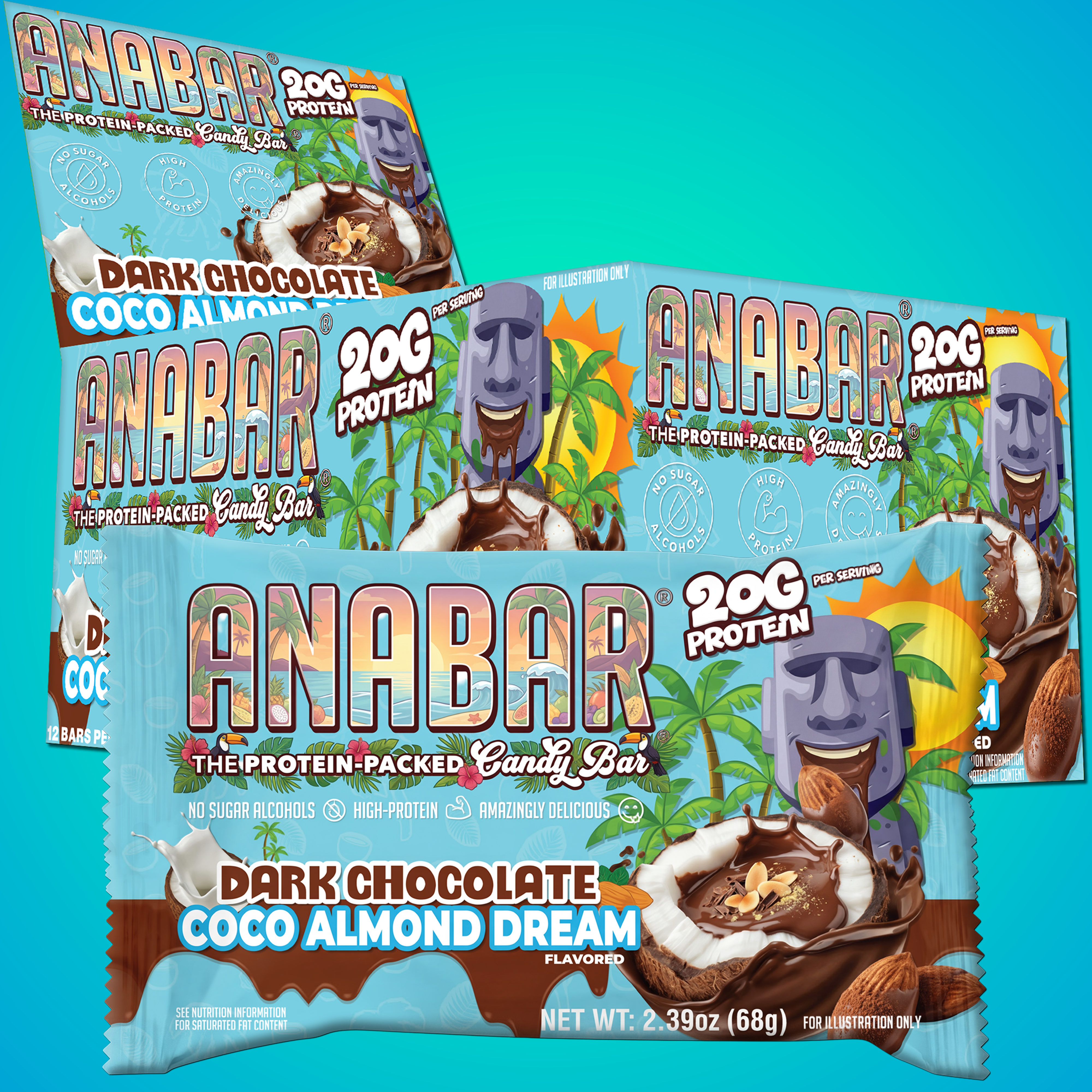 Four packages of The Anabar's Coco Almond Dream protein bars are arranged on a blue background with tropical graphics and a cartoon stone statue wearing sunglasses. Each bar contains 20g of protein.