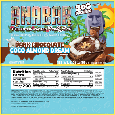 A colorful wrapper for The Anabar’s Coco Almond Dream, a dark chocolate coconut protein bar with 20g protein per serving. Features tropical graphics, almonds, coconut imagery, and nutrition facts.