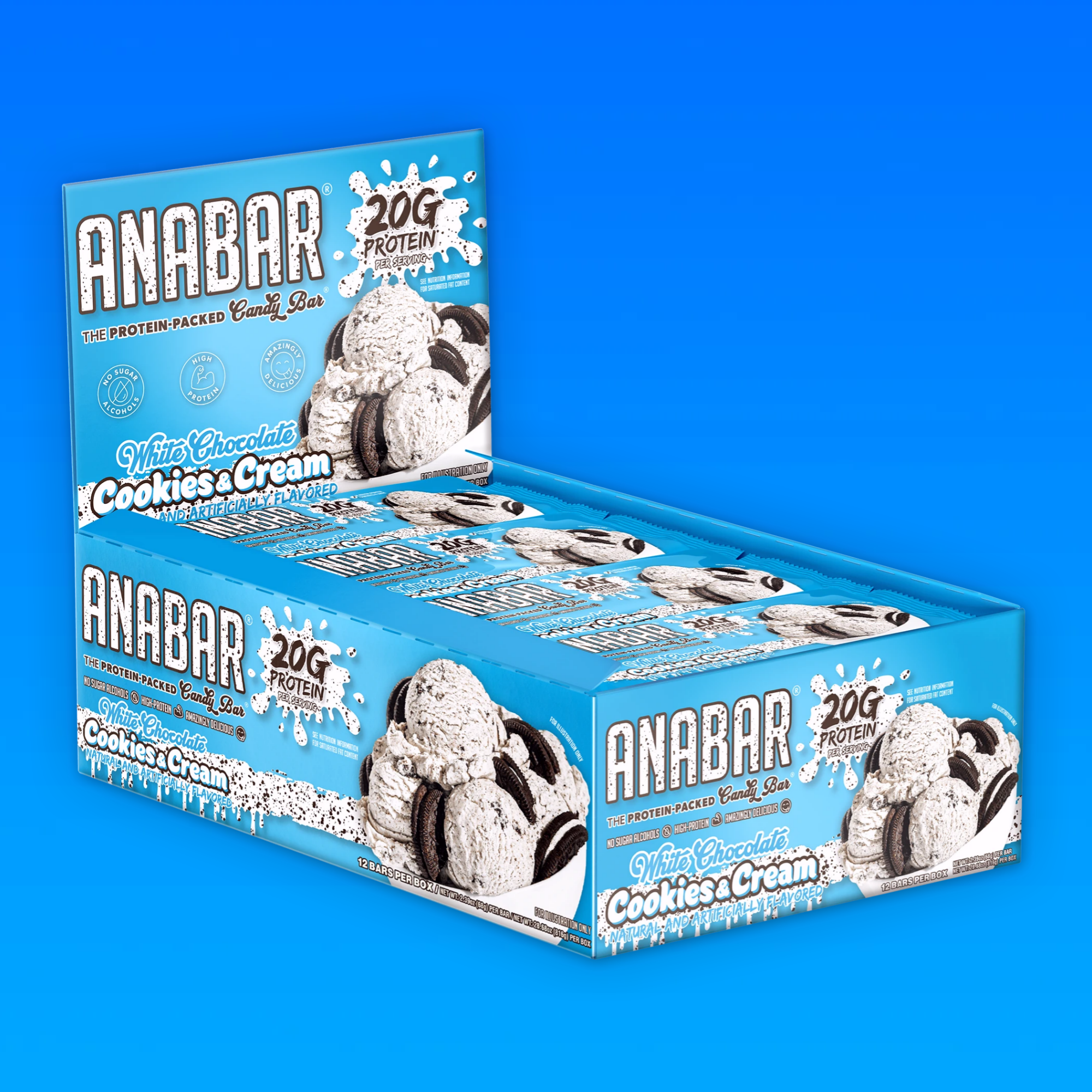 A box of The Anabar's Anabar White Chocolate Cookies & Creme protein bars with cookie images on the package. Each bar delivers 20g of protein, wrapped in smooth white chocolate against a gradient blue background.