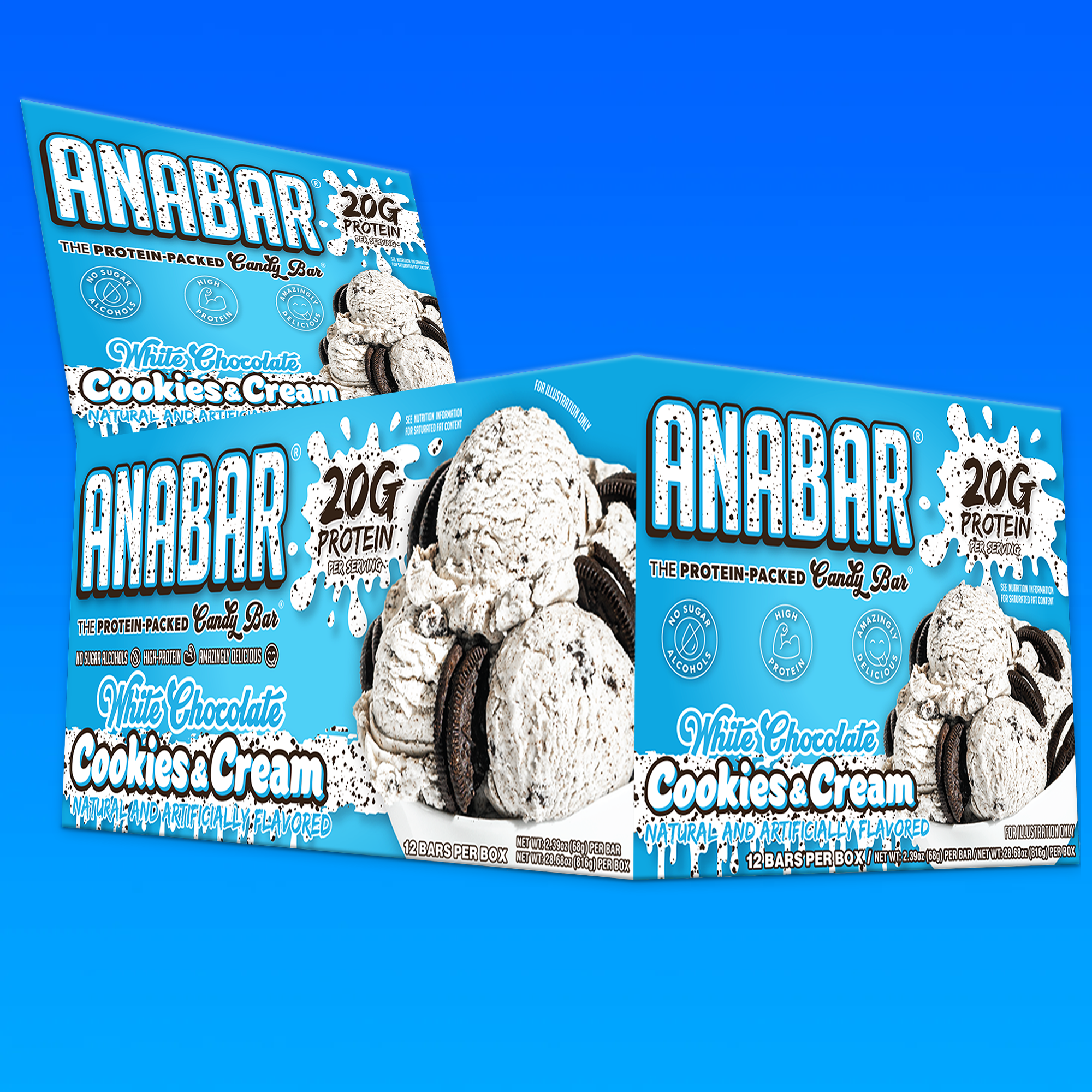 The Anabar's "Cookies & Cream" packaging features cookie and cream imagery on a vibrant blue background, reminiscent of childhood treats. The box includes 12 bars, each offering 20g of protein.