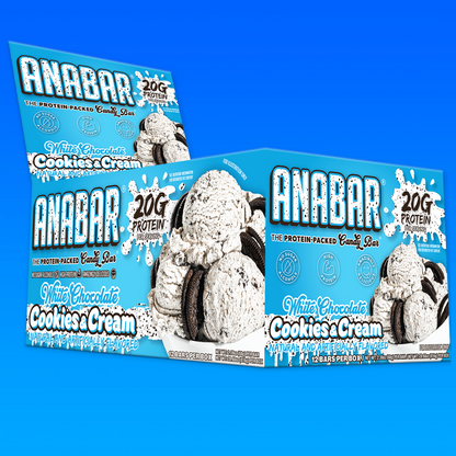 Boxes of The Anabar's White Chocolate Cookies & Creme protein bars against a blue backdrop. Packaging shows cookie and cream images, featuring "20g protein" and "12 bars per box.