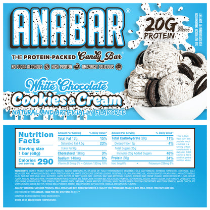 The Anabar's "Cookies & Cream" features blue and white packaging and offers a high-protein treat with 20g of protein. Enjoy the indulgent "White Chocolate Cookies & Cream" taste with cookie pieces, at 290 calories, 12g total fat, and 30g carbs per serving.