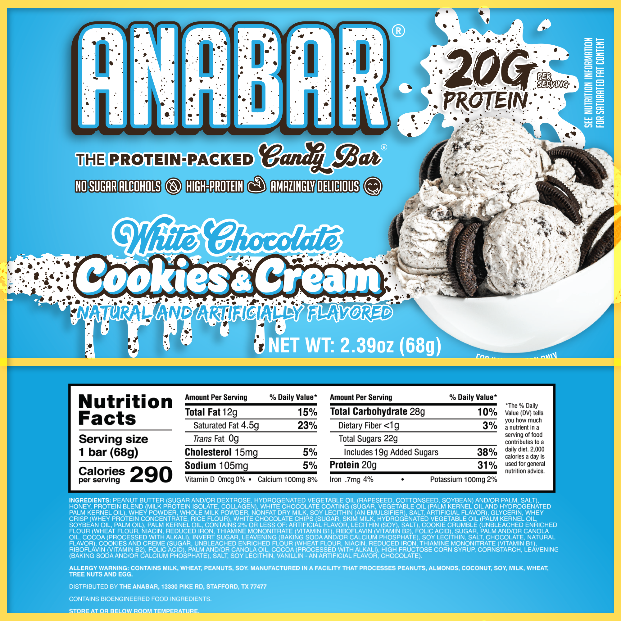 The Anabar Cookies & Cream bar’s packaging shows cookies and cream ice cream with cookie pieces, promotes 20g protein per bar, and highlights benefits like "no sugar alcohols" and "high-protein.