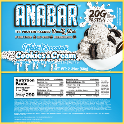 The Anabar Cookies & Cream bar’s packaging shows cookies and cream ice cream with cookie pieces, promotes 20g protein per bar, and highlights benefits like "no sugar alcohols" and "high-protein.