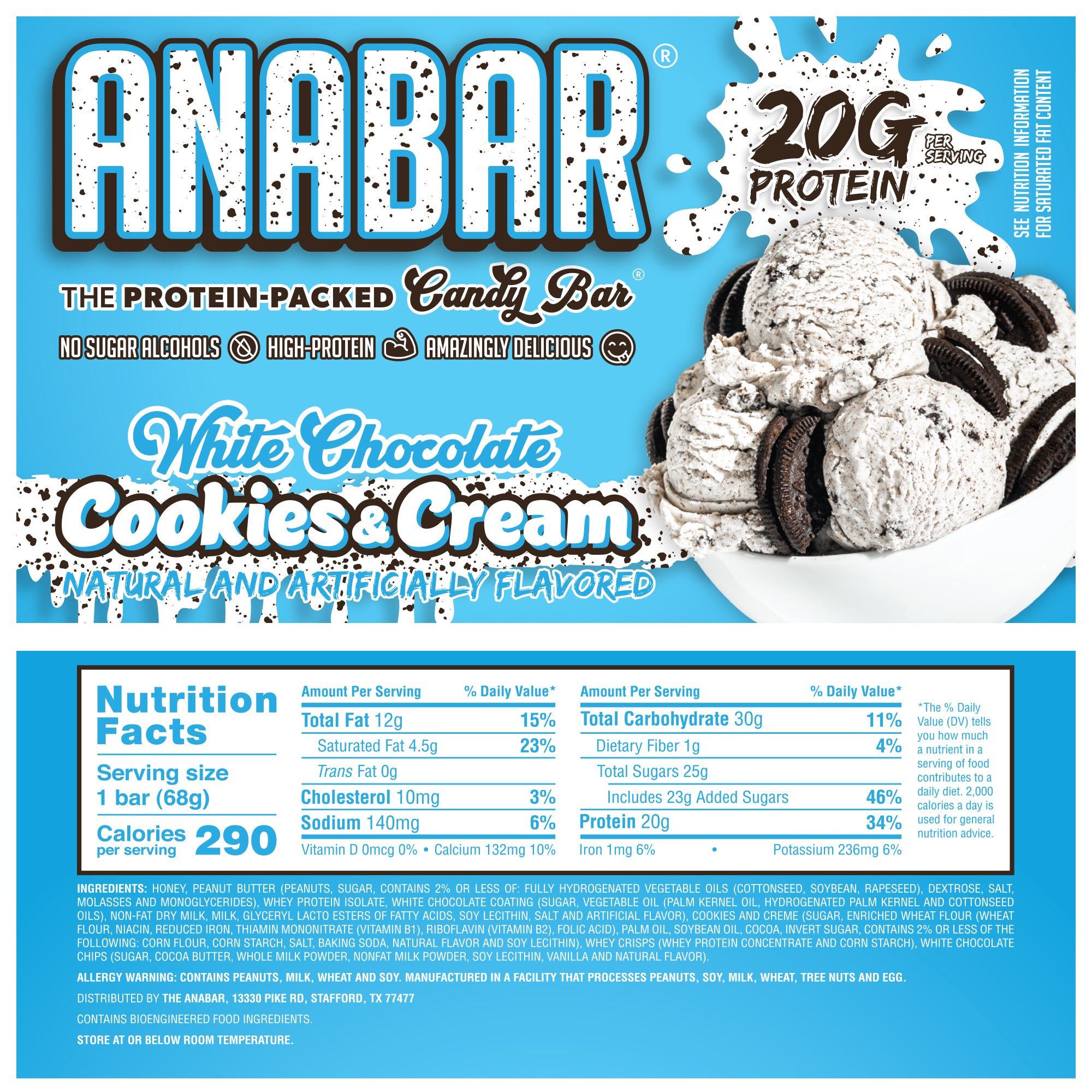 Limited edition Anabar Variety Pack - 12 Bars by The Anabar, featuring White Chocolate Cookies & Cream packaging with a bowl of cookies & cream ice cream, topped with chocolate sandwich cookies and highlighting 20g protein per serving.