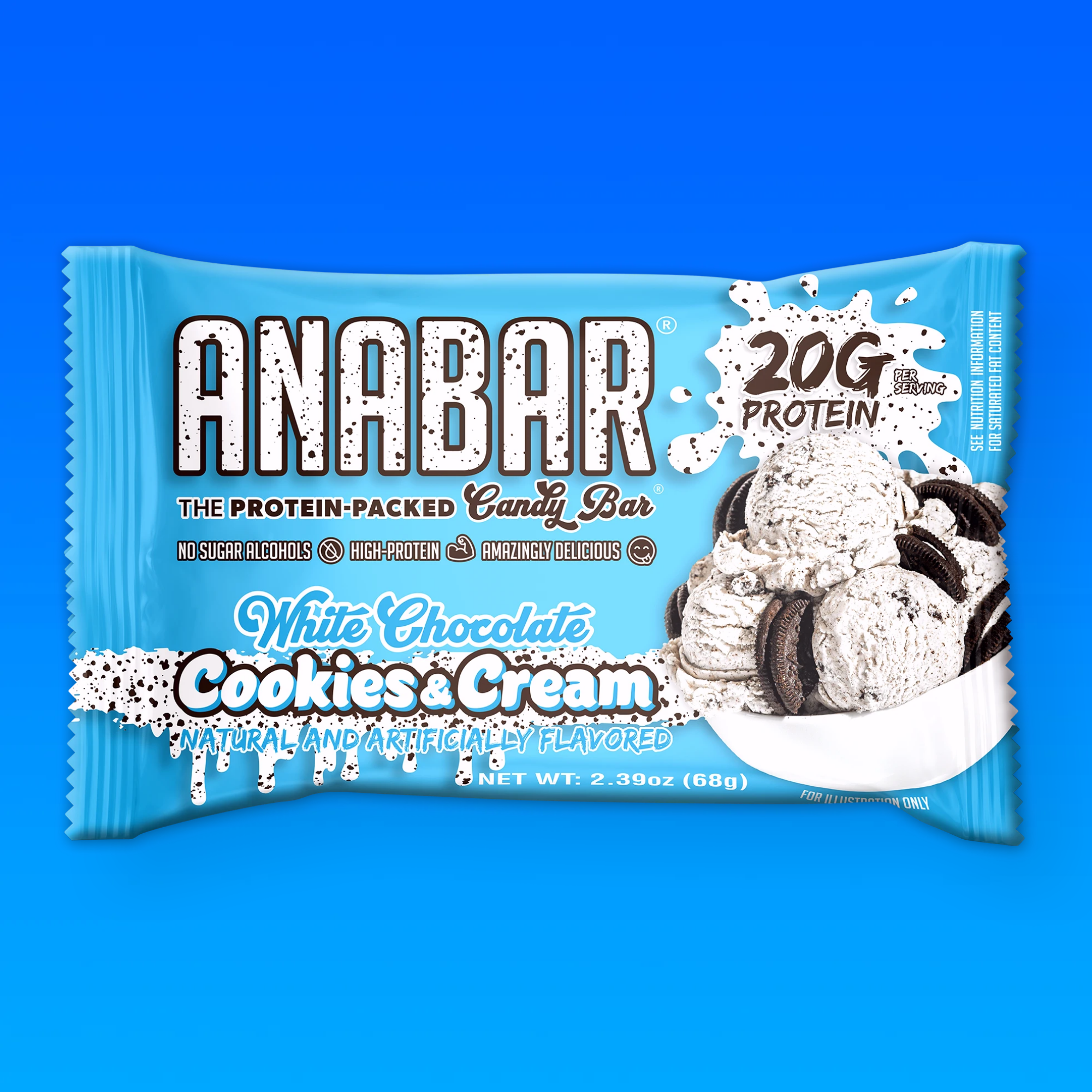 The Anabar's White Chocolate Cookies & Creme bar, in a blue wrapper, offers 20g of protein with no sugar alcohols. The package shows cookies and cream imagery, labeling it "ANABAR: The Protein-Packed Candy Bar,” evoking childhood favorites with its high protein and amazing flavor.