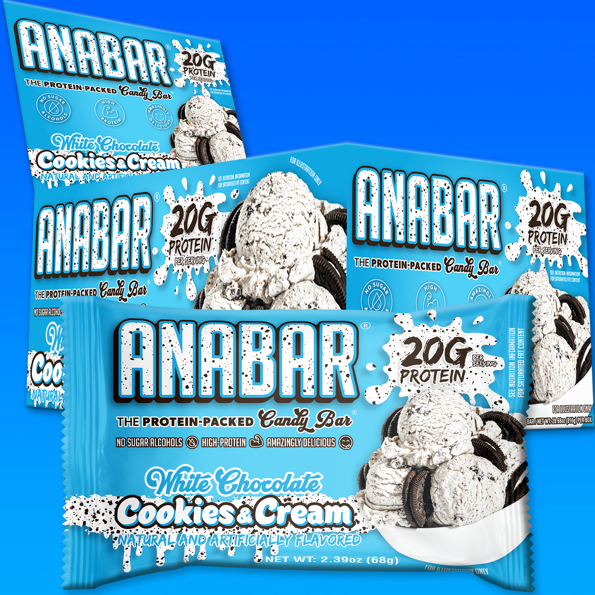 The Anabar's White Chocolate Cookies & Creme protein bars feature blue and white packaging with cookie pieces and cream. Each bar has a delicious white chocolate coating and contains 20g of protein.