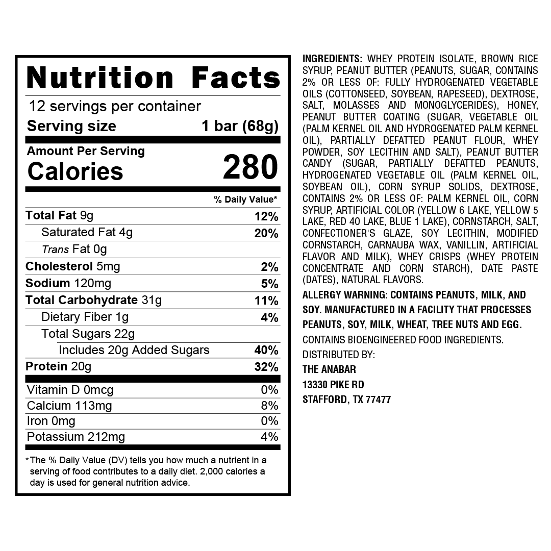 The Anabar's Death By Peanut Butter protein bar nutrition facts: 280 calories per 68g serving, with 12g fat, 16g protein, and 20g sugar. Ingredients include whey protein, sugar, vegetable oils, cocoa, and soy lecithin. Contains milk, soy, peanuts, and tree nuts.