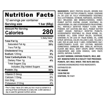 The Anabar's Death By Peanut Butter protein bar nutrition facts: 280 calories per 68g serving, with 12g fat, 16g protein, and 20g sugar. Ingredients include whey protein, sugar, vegetable oils, cocoa, and soy lecithin. Contains milk, soy, peanuts, and tree nuts.