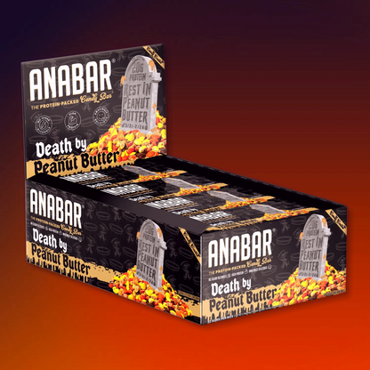 The Anabar's "Death By Peanut Butter" protein candy bars, a GNC collaboration, showcase a tasty design with peanuts and peanut butter cups on a gradient background.