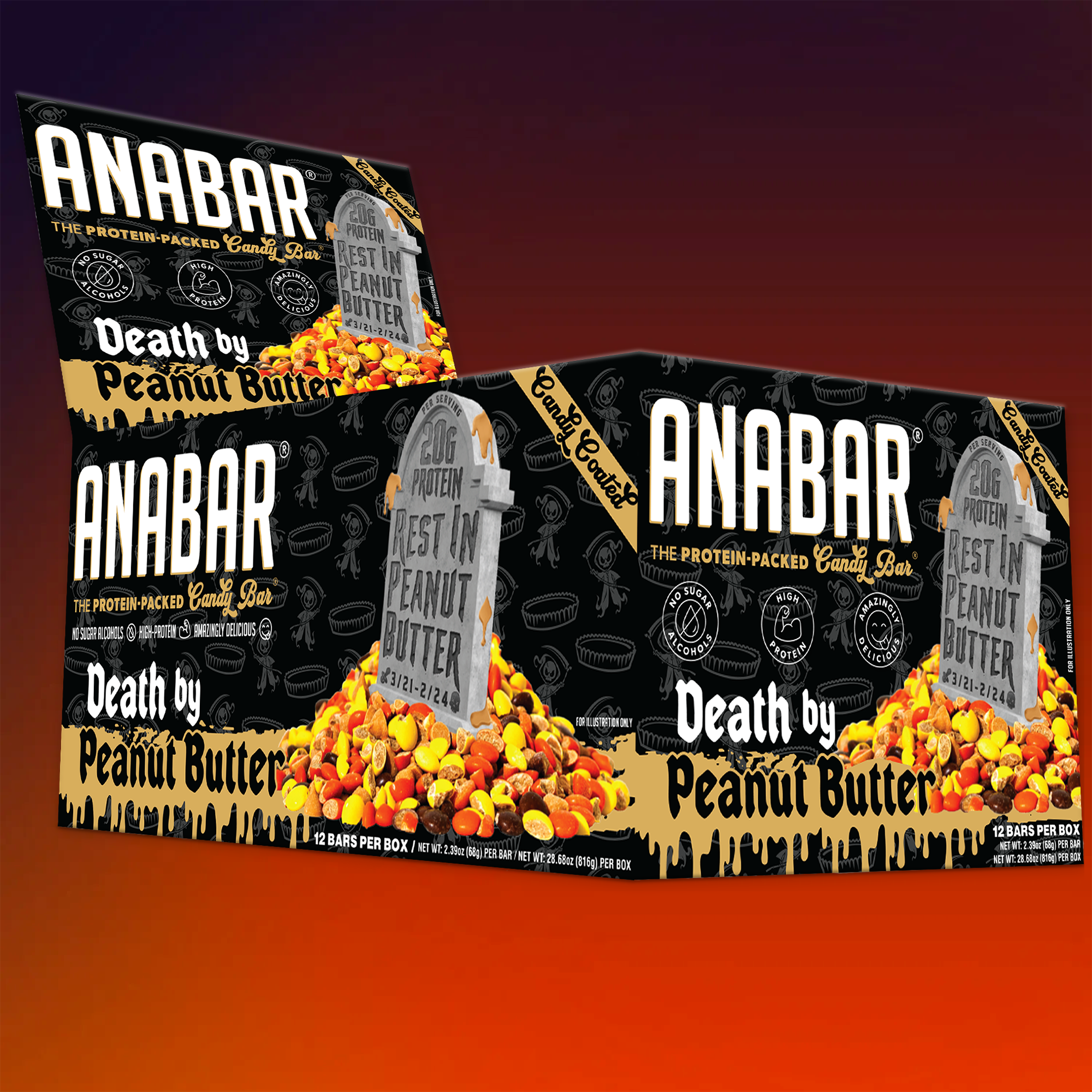 Boxes of The Anabar's "Death By Peanut Butter" are set against a gradient background, with packaging displaying a tombstone that reads "Best in Peanut Butter." Scattered peanut butter candy pieces add appeal, highlighting the GNC flavor sensation cherished by enthusiasts.