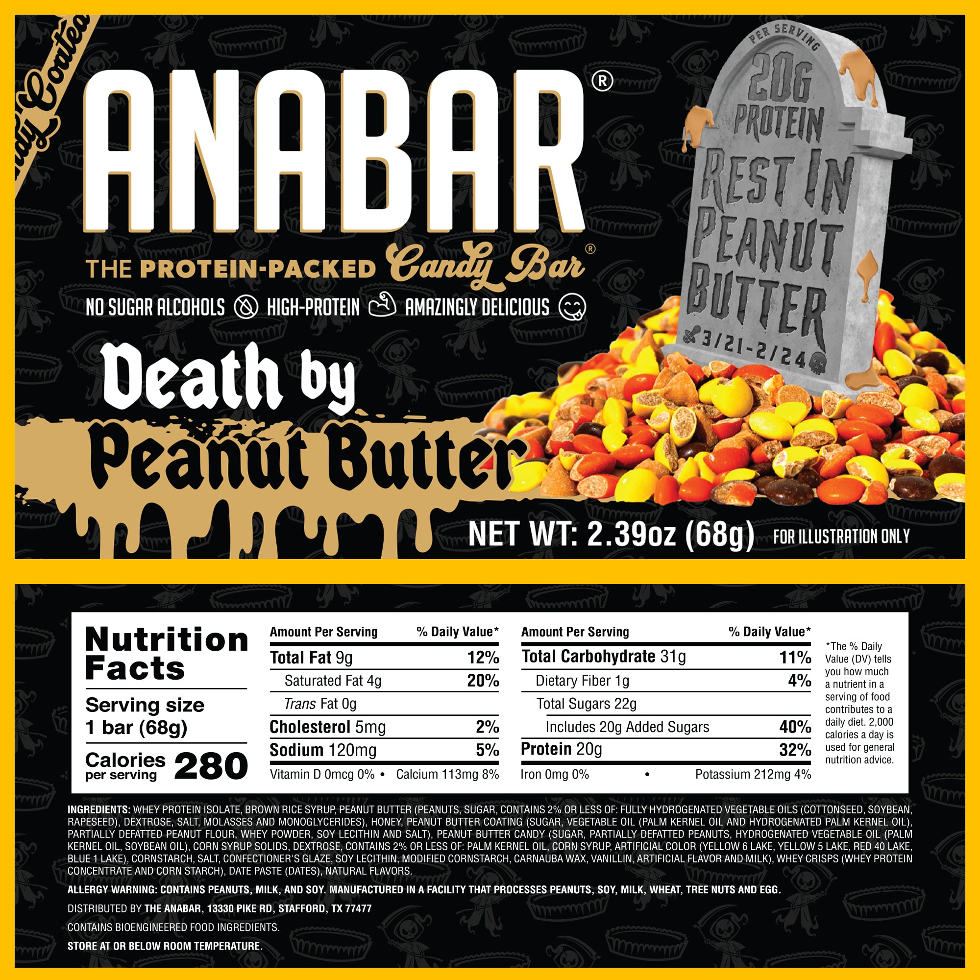 The Anabar's "Death By Peanut Butter" protein bar features a tombstone design with colorful candy, highlights its high protein content and absence of sugar alcohols, and showcases its GNC flavor credentials.