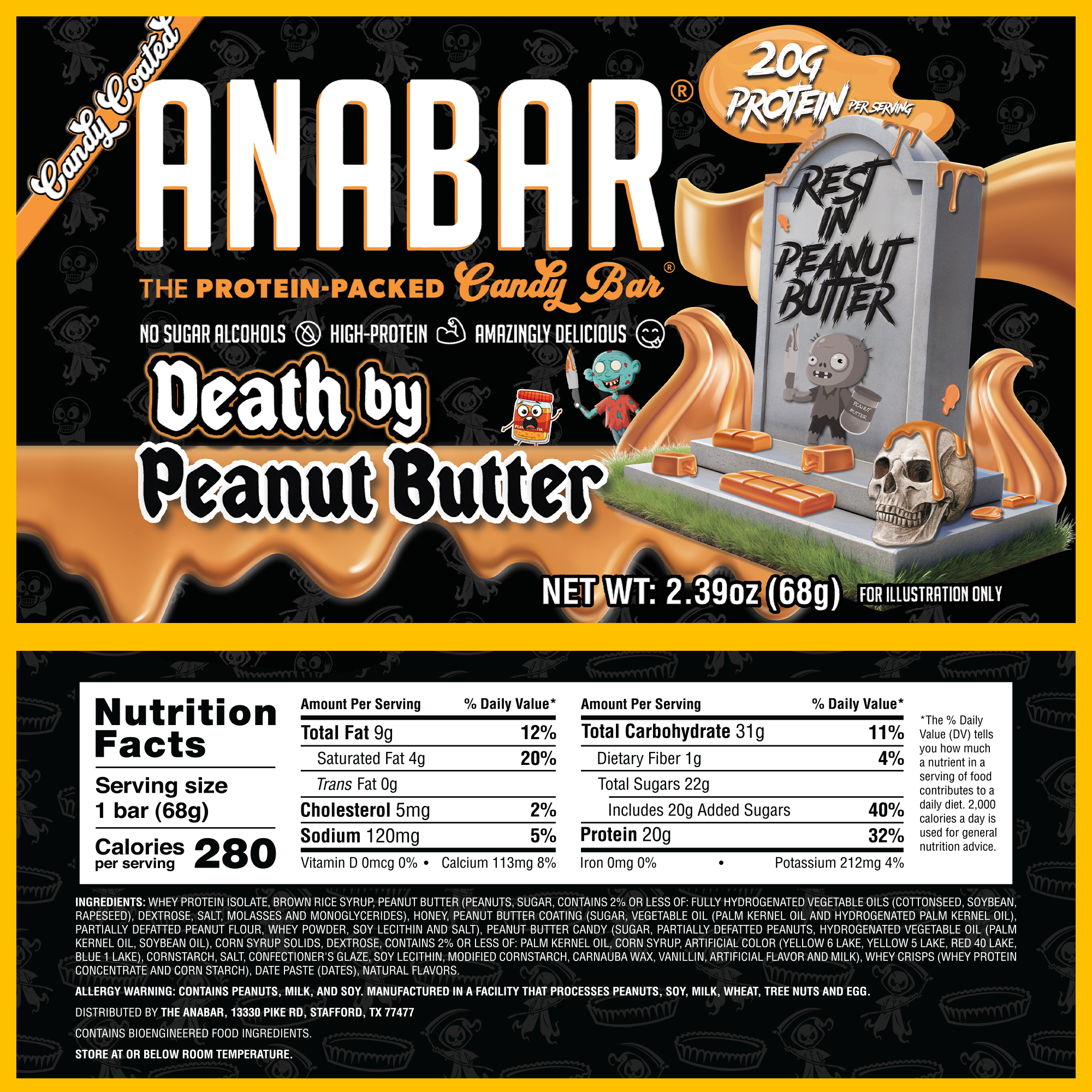The Anabar Variety Pack - 12 Bars features the limited edition "Death by Peanut Butter" bar with 20g protein, no sugar alcohols, and 280 calories per bar. The package displays a cartoon tombstone and “Rest in Peanut Butter” message.
