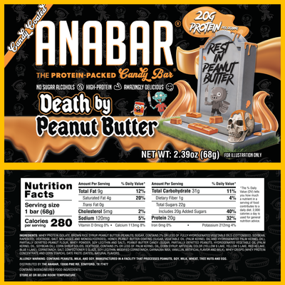 The Anabar Variety Pack - 12 Bars features the limited edition "Death by Peanut Butter" bar with 20g protein, no sugar alcohols, and 280 calories per bar. The package displays a cartoon tombstone and “Rest in Peanut Butter” message.