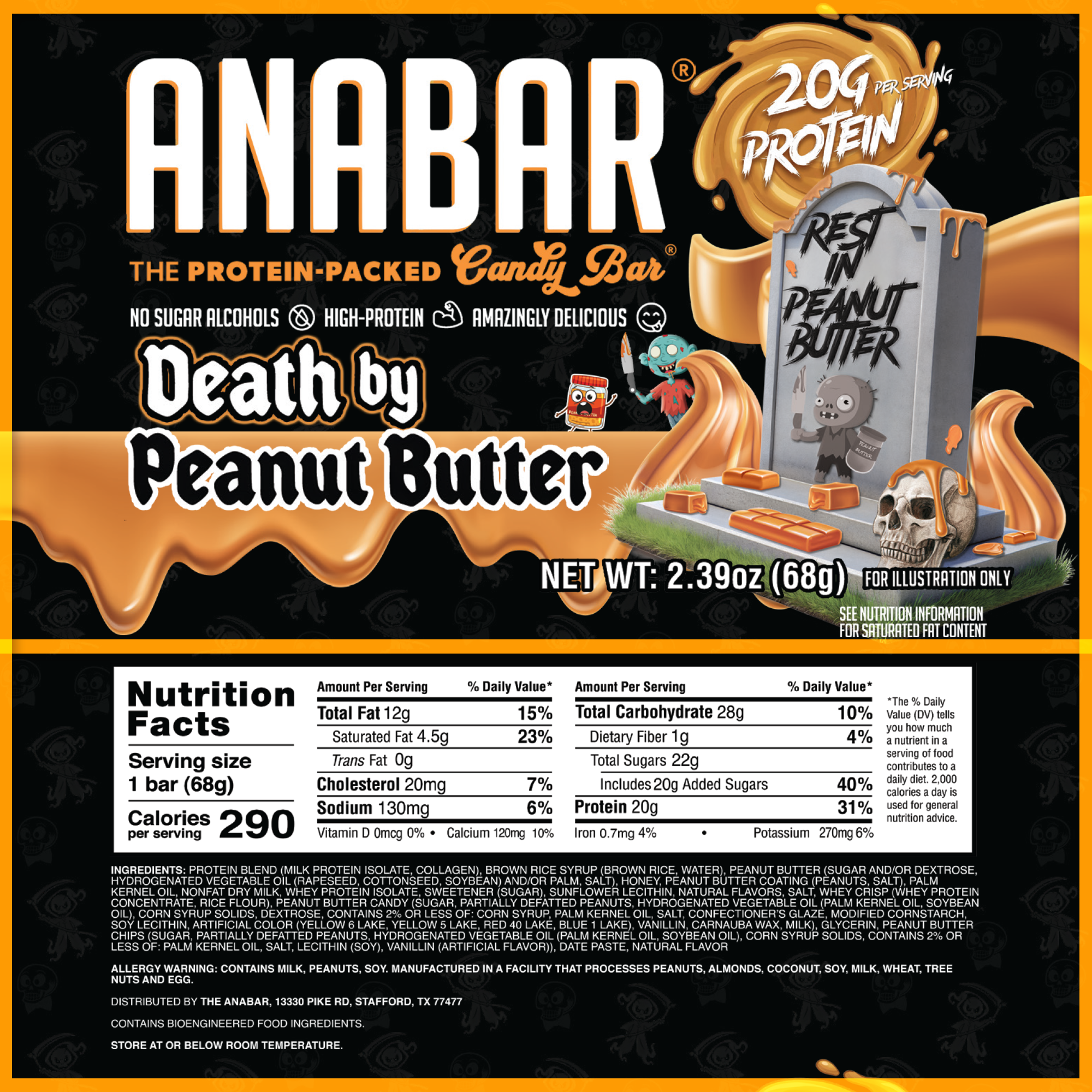 The Anabar's "Death By Peanut Butter" protein bar features a tombstone with “Rest in Peanut Butter,” packs 20g protein, 290 calories, and is a GNC flavor collab—perfect for serious peanut butter candy bar fans.