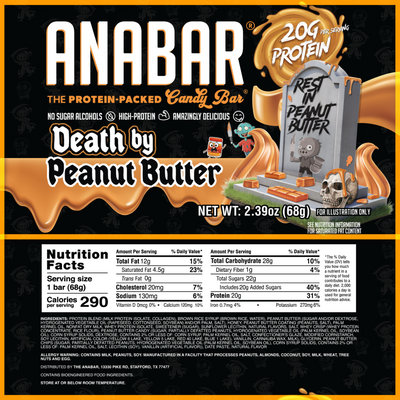 The Anabar's "Death By Peanut Butter" protein bar features a tombstone with “Rest in Peanut Butter,” packs 20g protein, 290 calories, and is a GNC flavor collab—perfect for serious peanut butter candy bar fans.