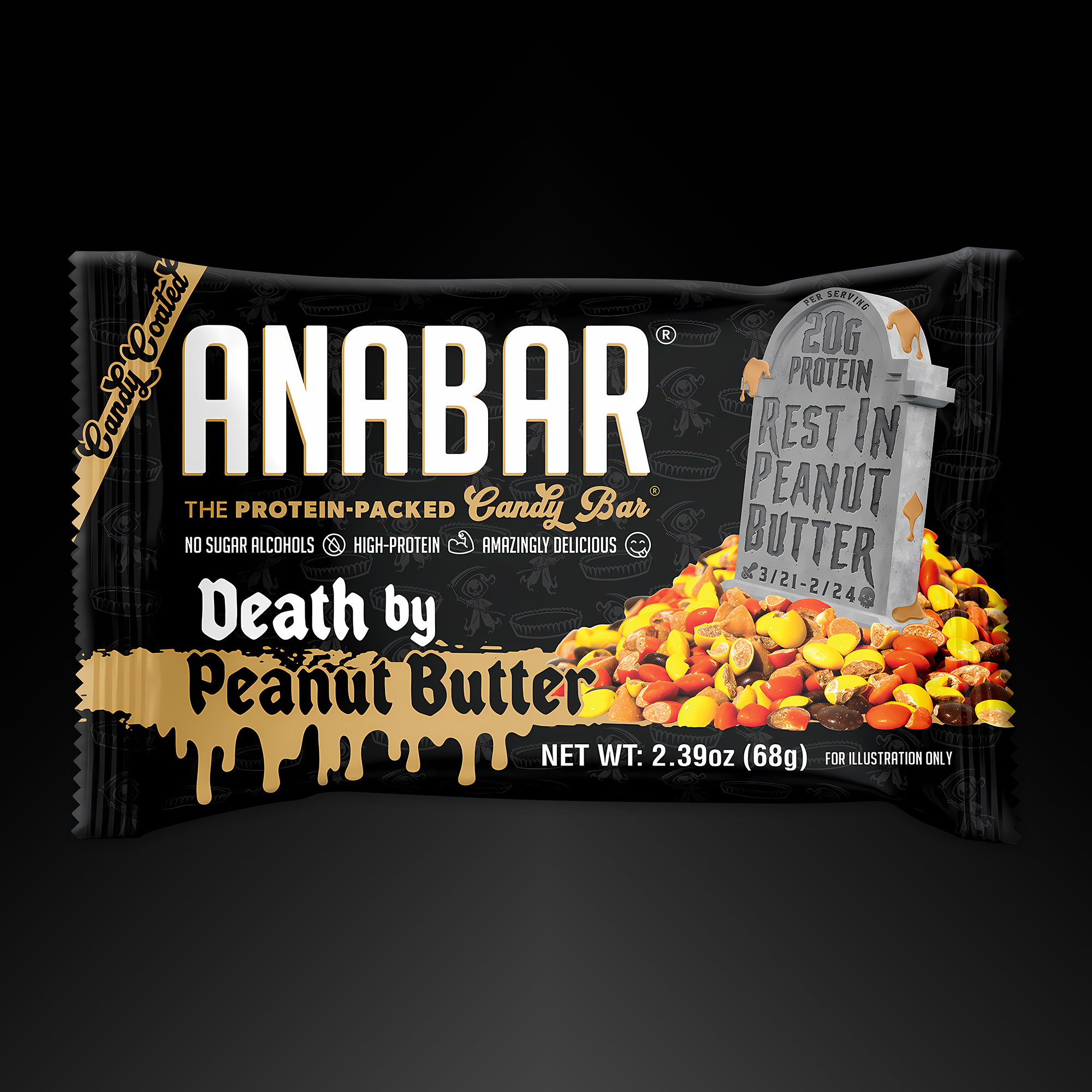 A black package of The Anabar Death By Peanut Butter Candy Bar features candy pieces, peanuts, 20g protein, no sugar alcohols, and claims to be a high-protein, amazingly delicious GNC flavor.