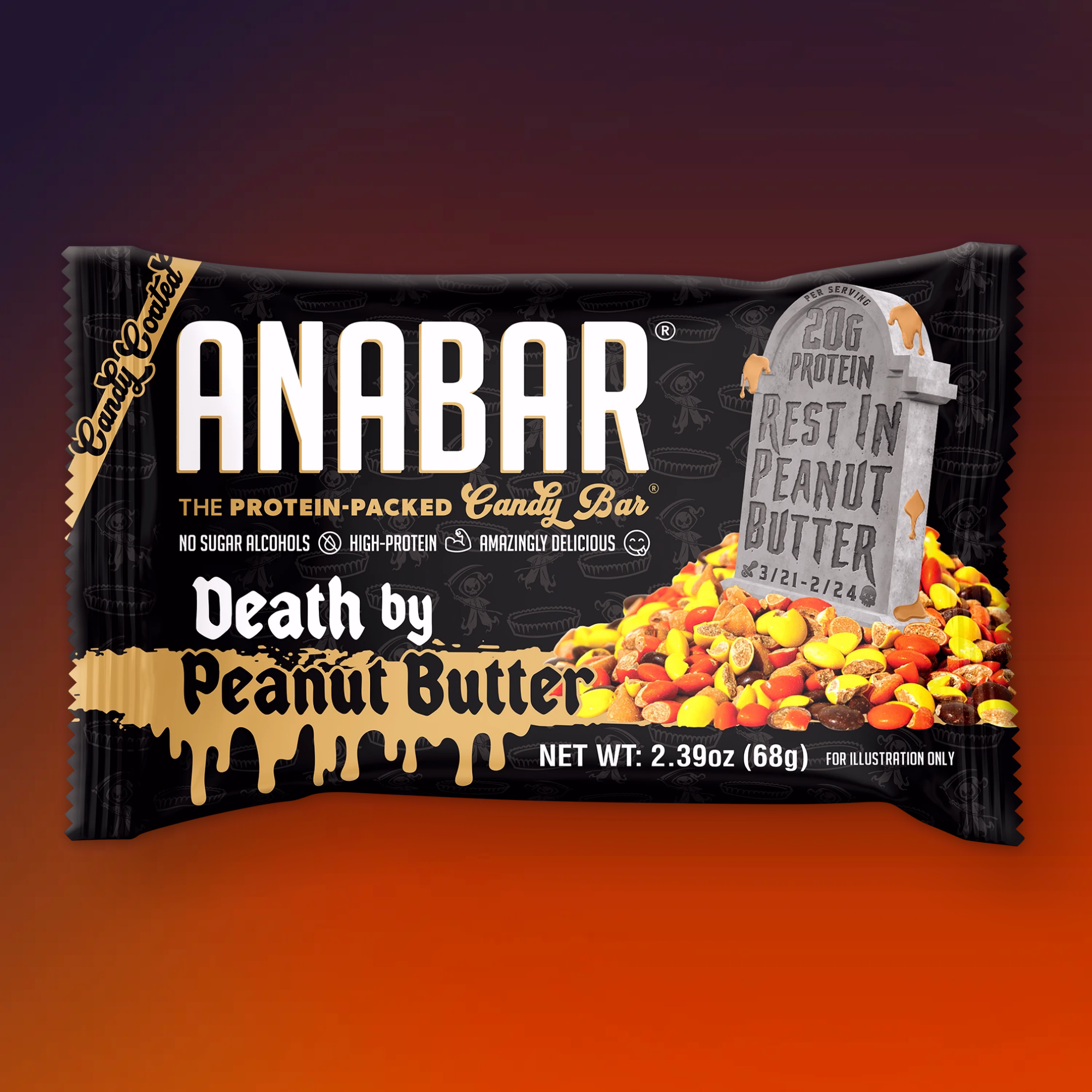 The Anabar's "Death By Peanut Butter" candy bar features Halloween-themed packaging with a GNC-engraved tombstone reading "Rest in Peanut Butter," surrounded by haunting images of peanut butter candy pieces.