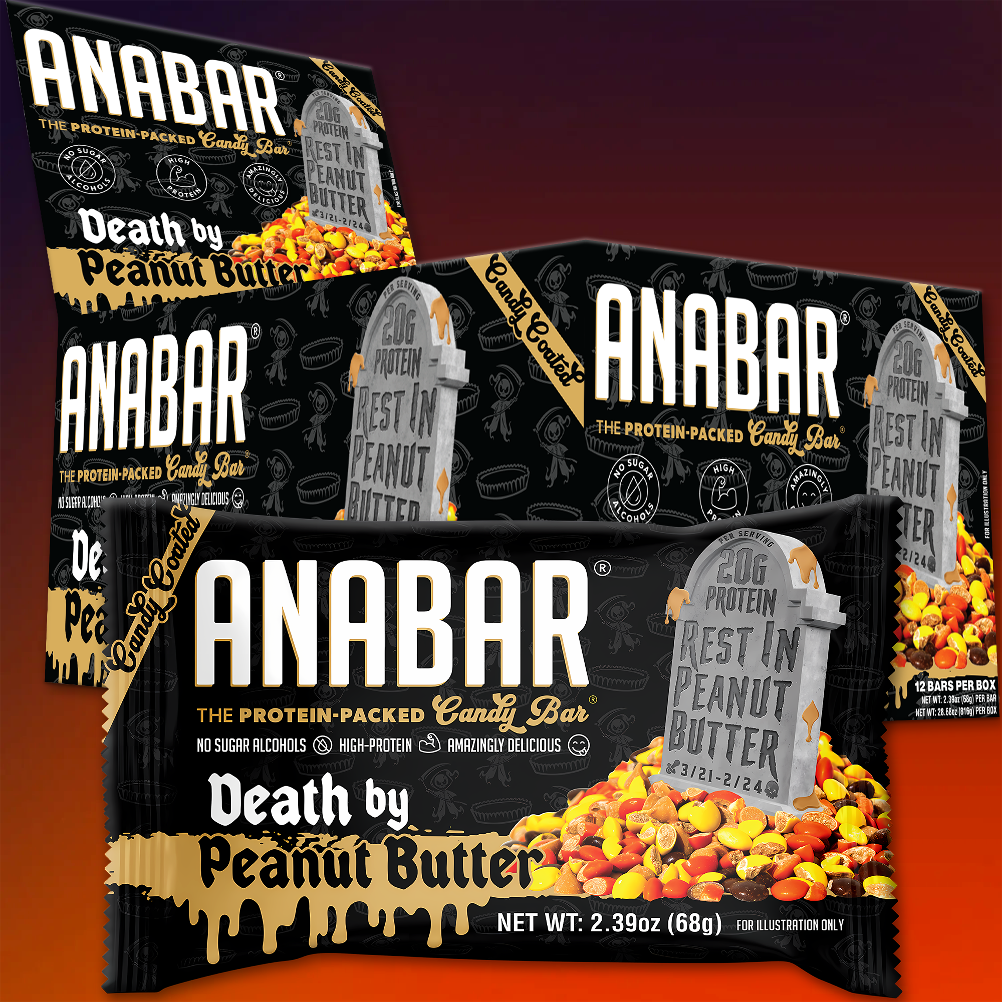 The "Death By Peanut Butter" bar by The Anabar showcases a tombstone-themed design with phrases like "Rest in Peanut Butter," alongside visuals of peanut butter cups and candy pieces, evoking indulgence. Now available at GNC.