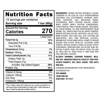 Nutrition facts for a 65g Frosted Strawberry Cupcake Protein Bar by The Anabar with 270 calories, detailing fats, cholesterol, sodium, carbohydrates, and protein. Ingredients: peanut butter, sugar, palm kernel oil. Contains peanuts, milk, soy. Made in Texas.