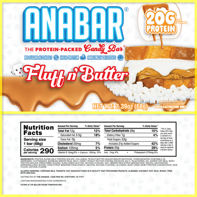 The Anabar Fluff n’ Butter protein bar combines creamy peanut butter and marshmallow, with 20g protein and no sugar alcohols. Nutrition facts are on the label. Net weight: 2.39 oz (68g).