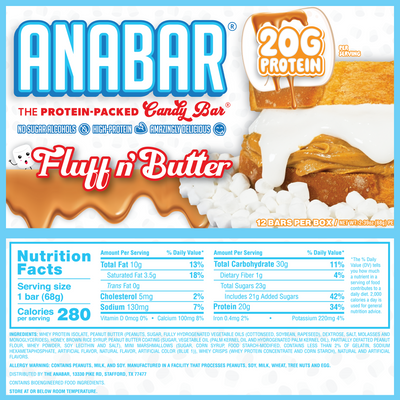 The Anabar Fluff n' Butter protein bar box features delicious peanut butter marshmallows, 20g protein per bar, no sugar alcohols, high-protein, and 280 calories per bar. Nutrition facts and ingredients shown on packaging.