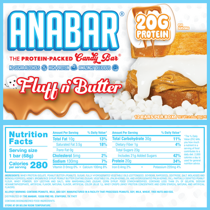 The Anabar Fluff n' Butter protein bar box features delicious peanut butter marshmallows, 20g protein per bar, no sugar alcohols, high-protein, and 280 calories per bar. Nutrition facts and ingredients shown on packaging.