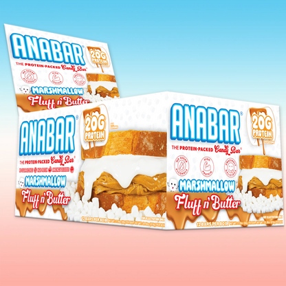 The Anabar's Marshmallow Fluff n' Butter protein bars are presented in boxes with a vibrant blue and pink gradient, featuring an enticing sandwich image and boasting 20g of protein per bar.