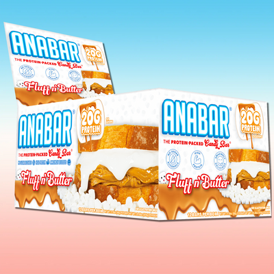 The Anabar Fluff n' Butter Protein Bars feature peanut butter and marshmallow sandwiches, with "20g protein" displayed on a bold blue and pink gradient background.