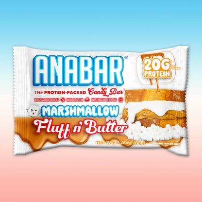 Here's an image of The Anabar's "Marshmallow Fluff n' Butter" protein bar wrapper, featuring the enticing flavors of marshmallows and creamy peanut butter. It showcases proudly 20g of protein with no sugar alcohols, set against a vibrant gradient blue and pink background.