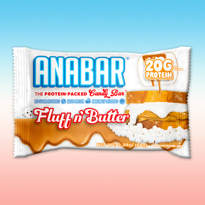 A wrapped The Anabar Fluff n' Butter Protein Bar displays peanut butter and marshmallows, with “20g protein,” “no sugar alcohols,” and “high protein, amazingly delicious” on a blue-pink gradient wrapper.