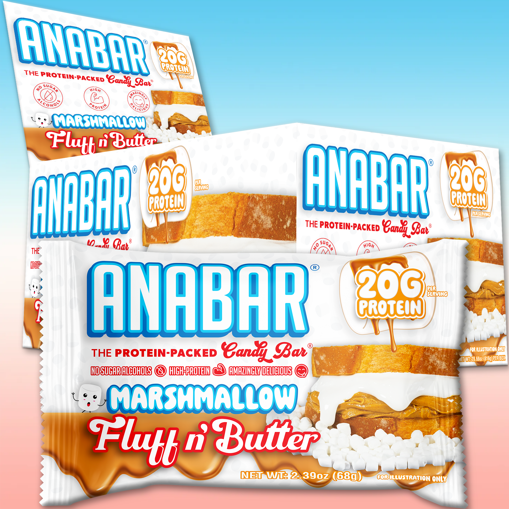 The Anabar's Marshmallow Fluff n' Butter protein bars are shown in packaging with "20G Protein" highlighted, featuring marshmallow and peanut butter images. The blue-to-pink gradient background makes these bars as visually appealing as they are tasty.