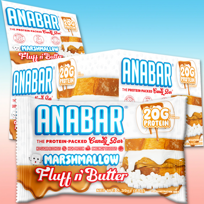 The Anabar's Marshmallow Fluff n' Butter protein bars are shown in packaging with "20G Protein" highlighted, featuring marshmallow and peanut butter images. The blue-to-pink gradient background makes these bars as visually appealing as they are tasty.