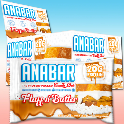 Three The Anabar "Fluff n' Butter" protein bars are shown in vibrant packaging, each featuring 20g protein and no sugar alcohols. The creamy bars appear layered with peanut butter and marshmallow for a tasty treat.