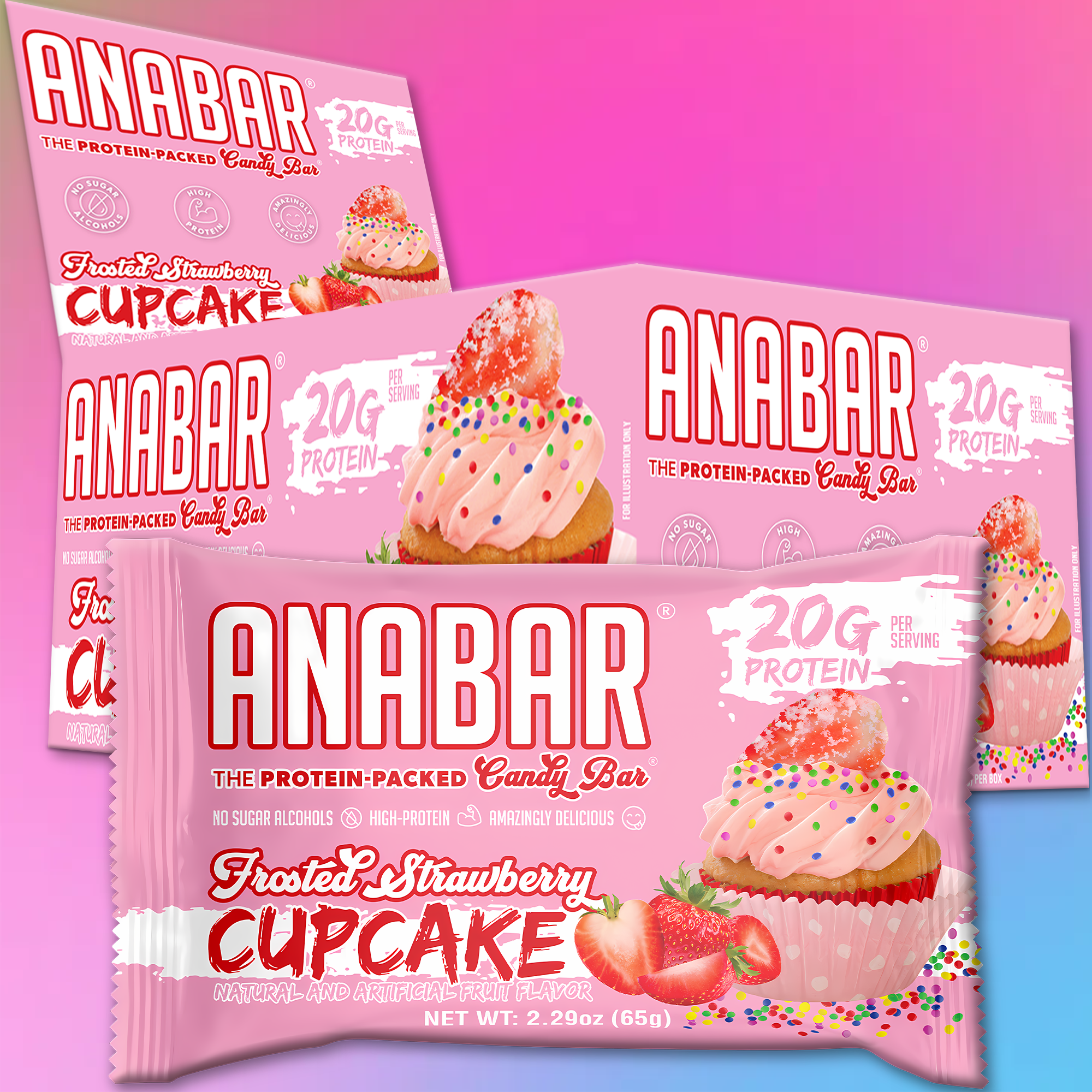 The Anabar's Frosted Strawberry Cupcake protein bars come in pink-themed packaging with a cupcake adorned with sprinkles on a pink-to-blue gradient, highlighting 20 grams of protein.