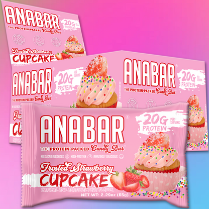 The Anabar's Frosted Strawberry Cupcake protein bars come in pink-themed packaging with a cupcake adorned with sprinkles on a pink-to-blue gradient, highlighting 20 grams of protein.