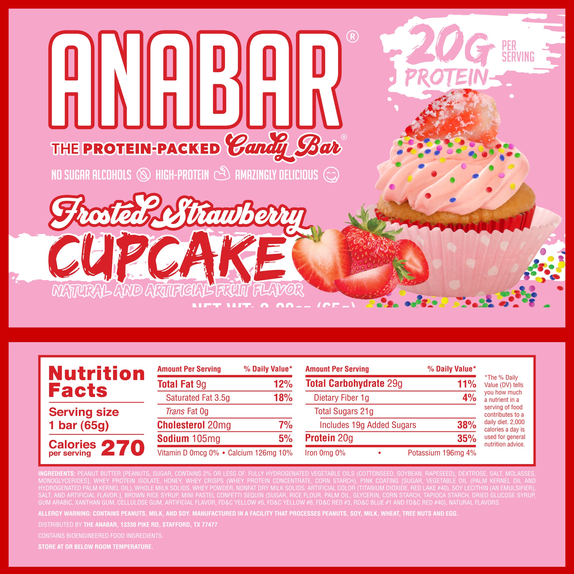 Image of The Anabar Frosted Strawberry Cupcake Protein Bar wrapper featuring "20 Grams of Protein," "No Sugar Alcohols," and "Amazingly Delicious." Includes a cupcake image and nutrition facts showing 270 calories, 9g fat, and 20g protein per serving.