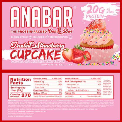 Image of The Anabar Frosted Strawberry Cupcake Protein Bar wrapper featuring "20 Grams of Protein," "No Sugar Alcohols," and "Amazingly Delicious." Includes a cupcake image and nutrition facts showing 270 calories, 9g fat, and 20g protein per serving.