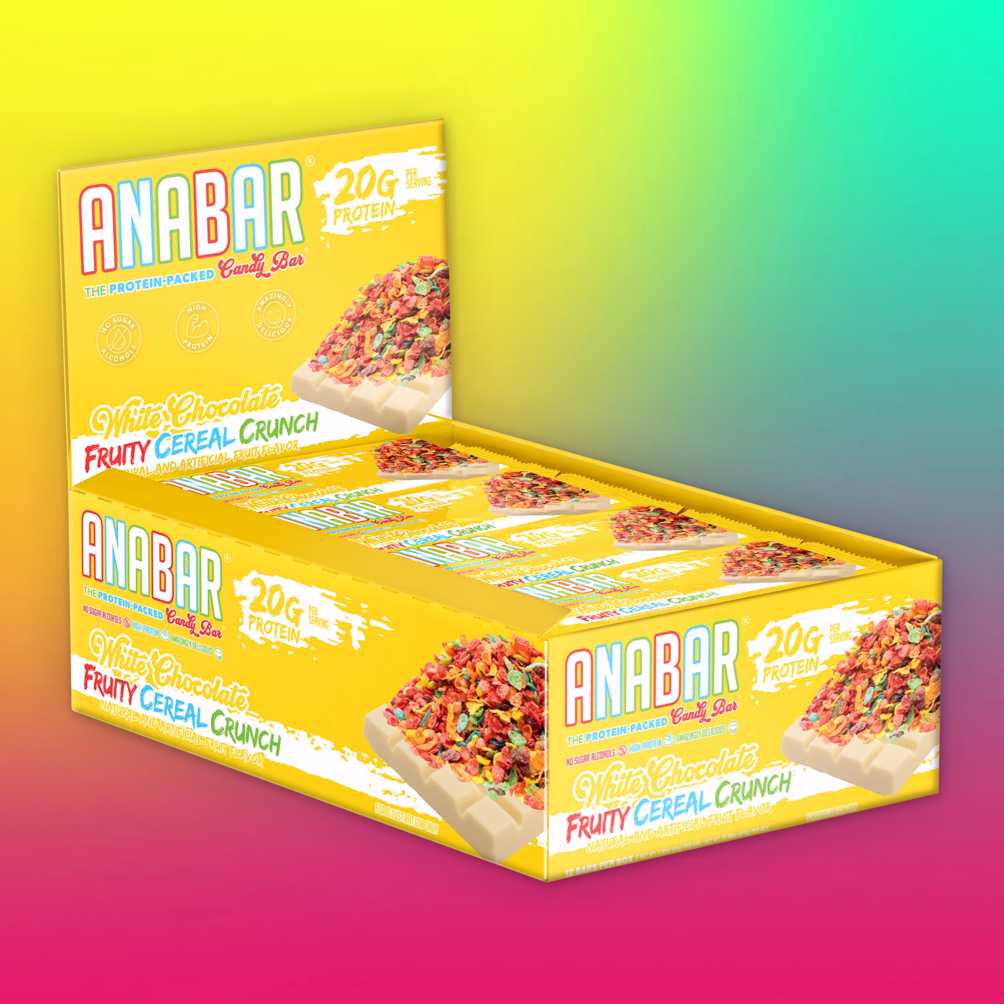 The Anabar's Fruity Cereal Crunch protein bars come in a yellow box with colorful cereal graphics, featuring 20g of protein. The packaging has a pink, yellow, and green gradient background.