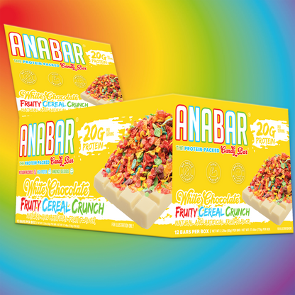 The Anabar Fruity Cereal Crunch protein bar packaging highlights the crowd-favorite flavor, showcasing vibrant cereal bits on creamy white chocolate with a bold 20g protein label and notes of natural/artificial flavors, all set against a rainbow-themed backdrop.