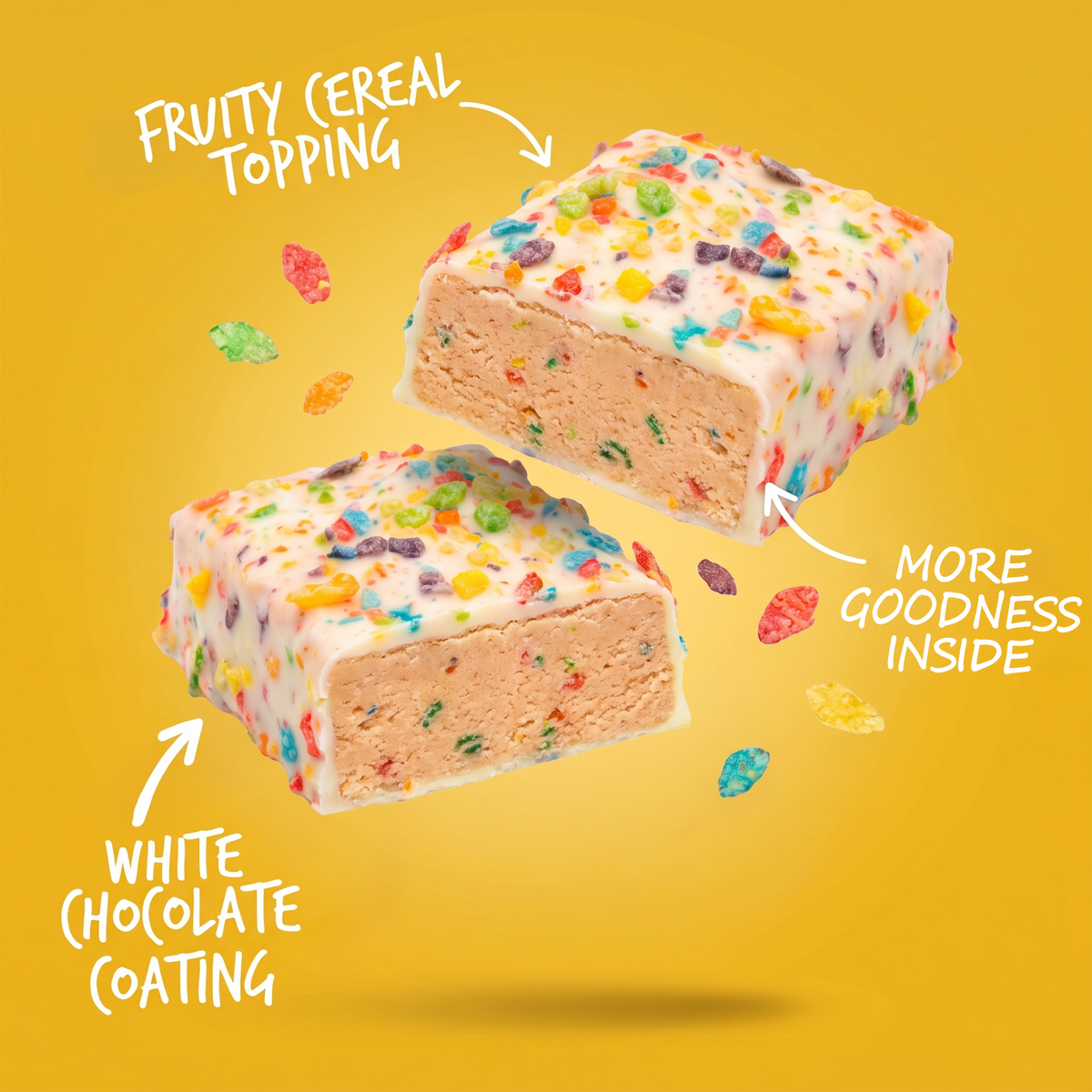Two The Anabar Fruity Cereal Crunch protein bars cut in half, coated in white chocolate and topped with colorful cereal, floating against a yellow background with labels pointing to the coating, topping, and 20g protein interior.