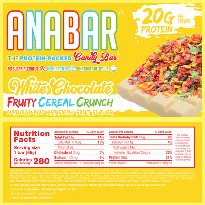 The vibrant packaging of "Fruity Cereal Crunch" by The Anabar showcases 12g protein, 280 calories, and 12g fat per serving. This fan favorite features a bright design adorned with crunchy cereal pieces.