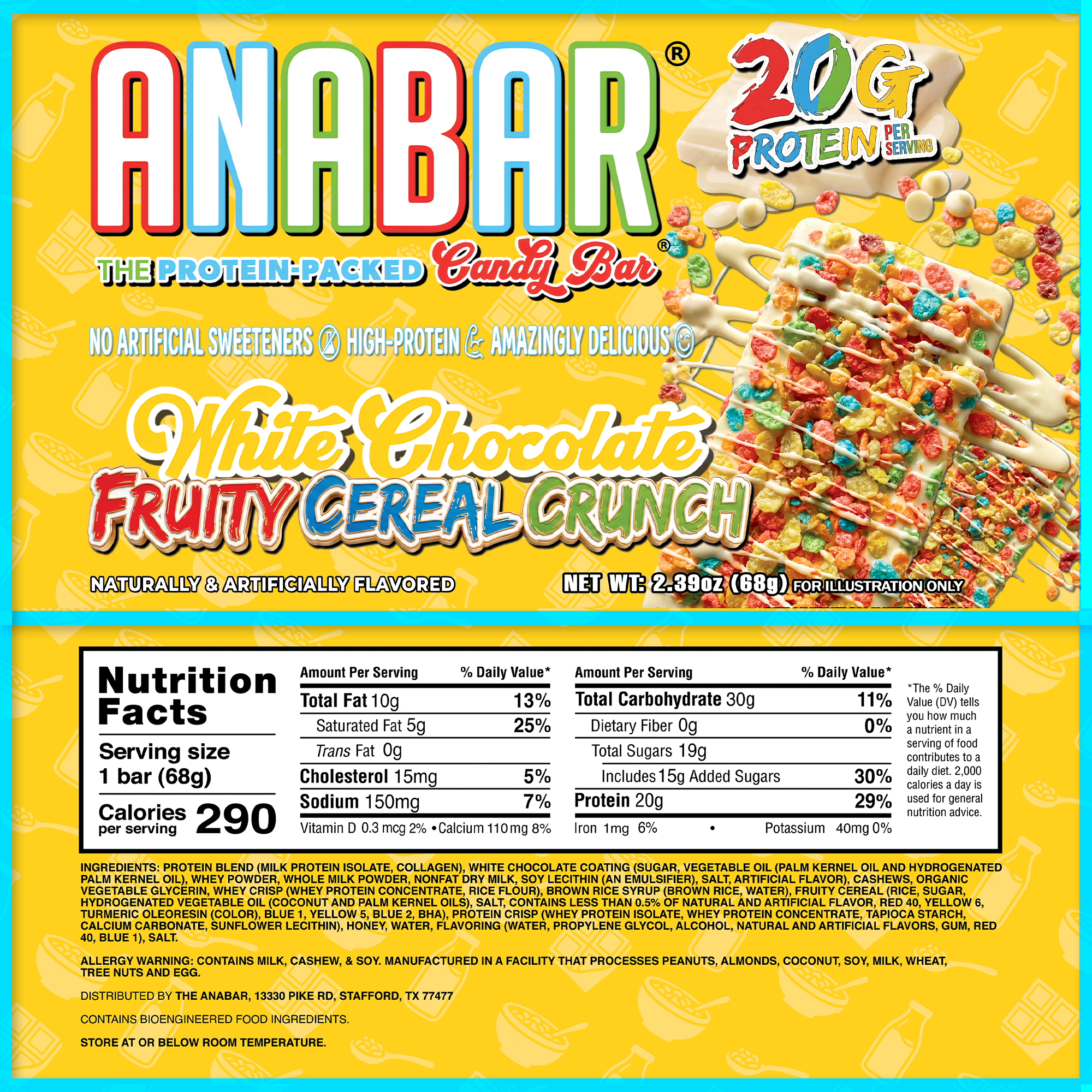 A vibrant Fruity Cereal Crunch bar wrapper from The Anabar, labeled “The Anabar Fruity Cereal Crunch,” features a delicious white chocolate coating with fruity cereal pieces. The packaging displays nutrition facts, notes 20g protein per bar, and highlights its high protein content, low carbs, and absence of artificial sweeteners.
