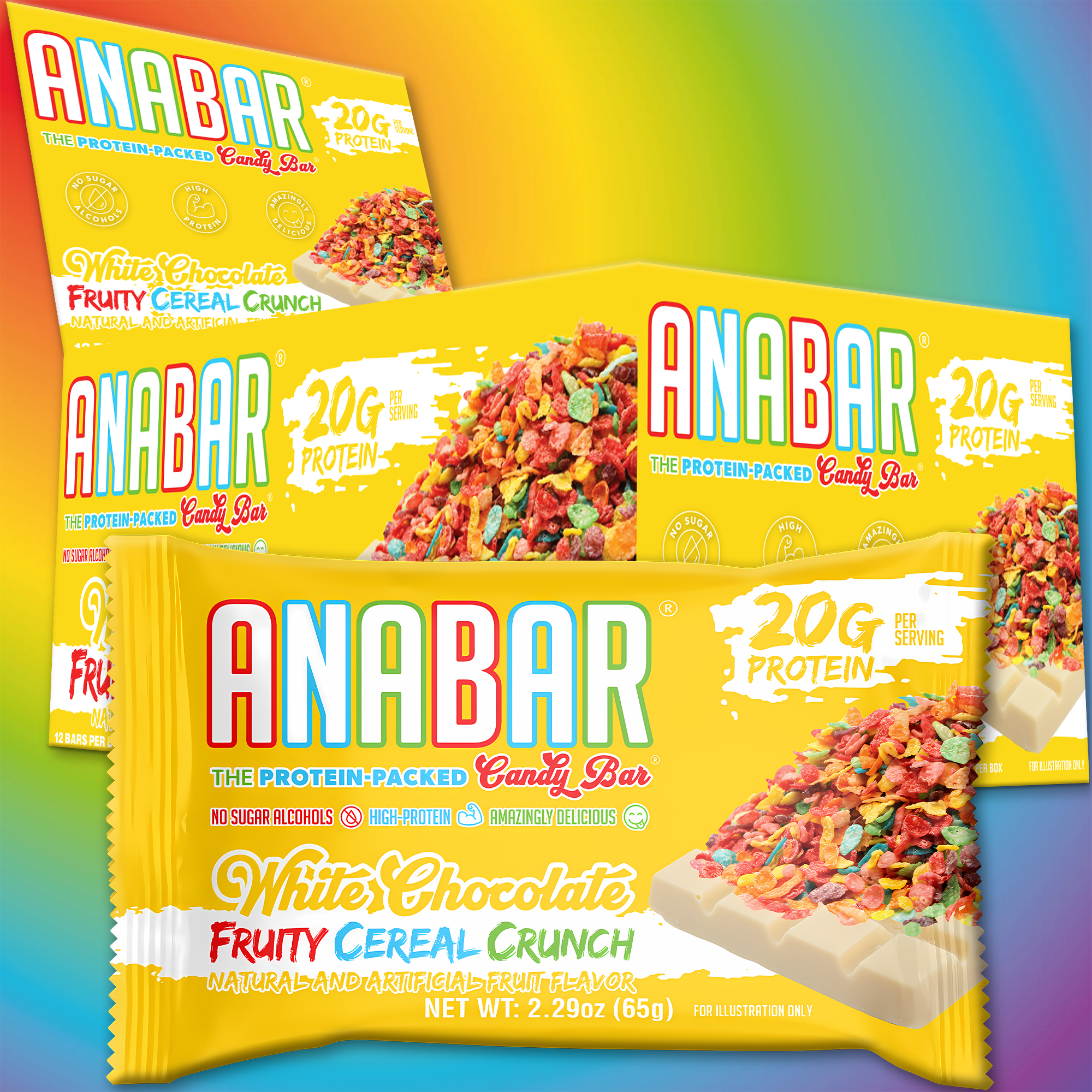 The Anabar's Fruity Cereal Crunch protein bars have a fun rainbow packaging, showcasing colorful cereal under white chocolate with "20g Protein," "No Sugar Alcohols," and a low-carb formula to delight your taste buds.