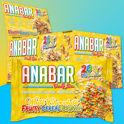 The Anabar Fruity Cereal Crunch protein bars feature a delicious white chocolate coating and come in eye-catching yellow packaging that highlights the vibrant bar packed with crunchy cereal pieces. The packaging emphasizes “20g protein,” “no artificial sweeteners,” “high protein,” and their impressive low carb content.