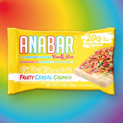 The image showcases "The Anabar" protein bar in the vibrant "Fruity Cereal Crunch" flavor, promising a delicious and healthy treat with 20g of protein per serving. A colorful photo of rainbow cereal topping emphasizes its low-carb appeal.