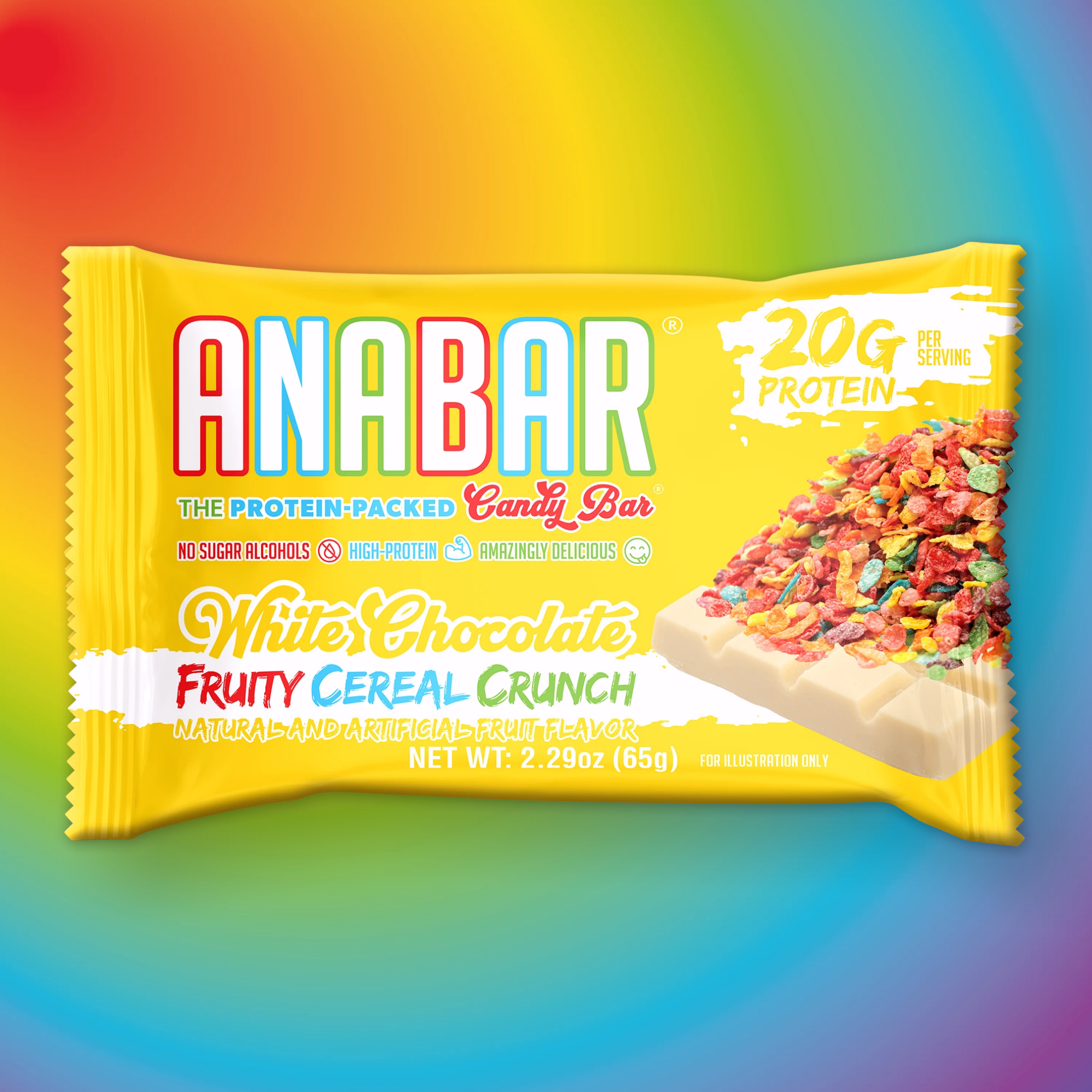 The Anabar's "Fruity Cereal Crunch" protein bar, with a vivid package and rainbow gradient backdrop, offers 20g of protein per serving. This low-carb delight features a white chocolate flavor with crunchy cereal for an irresistible treat.